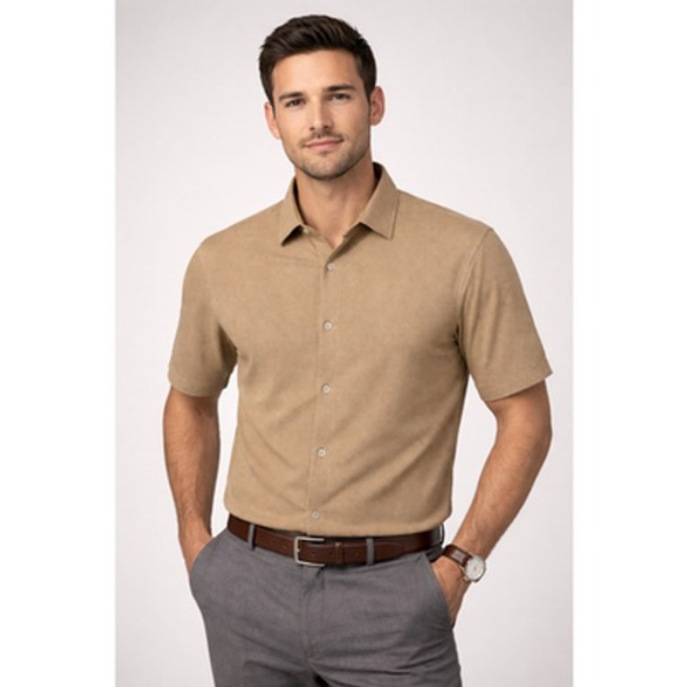 3/$25 Fleece Factory Men's Tan Textured Short Sleeve Button-Up Shirt Stretch M